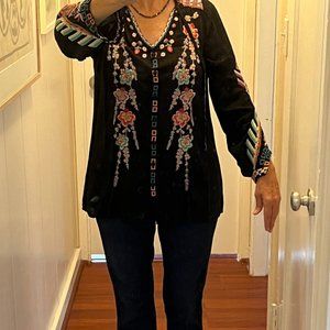 Johnny Was Multi Embroidered 3/4-Long Sleeve Tunic Top Cupra-Rayon
